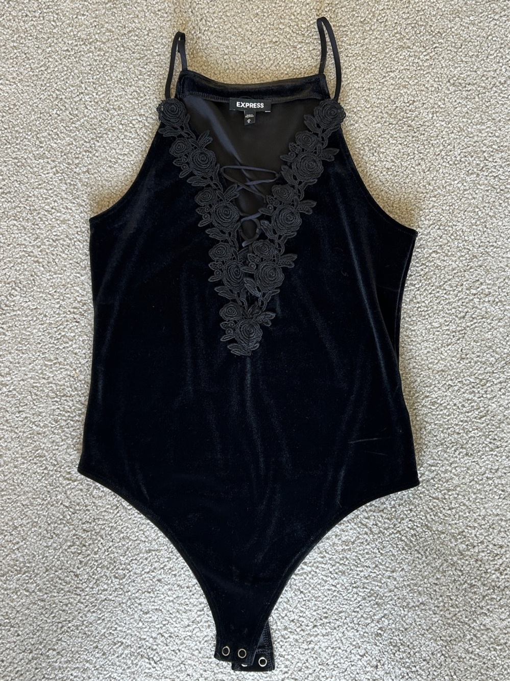 Express Black Velvet Lace-Up Floral Trim Bodysuit
